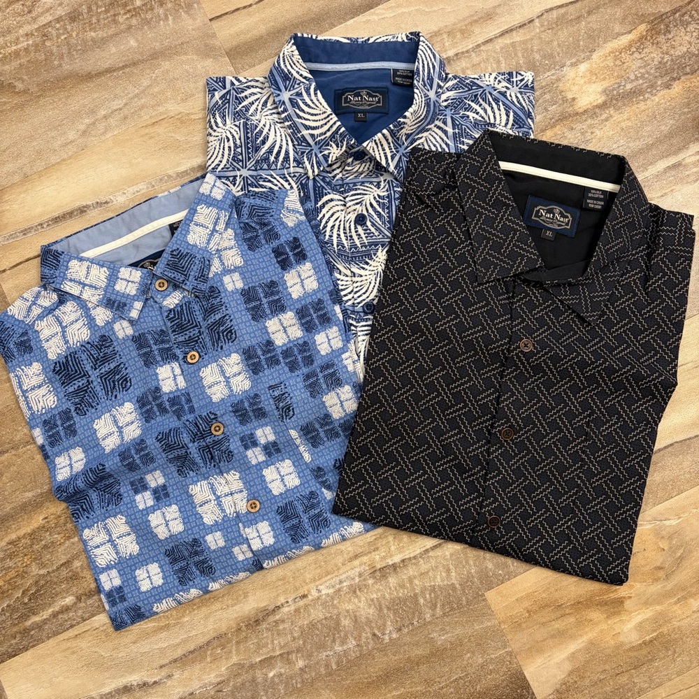Lot of 3 Nat Nast Shirt Silk Cotton Geometrical Palm Leaf Print XL